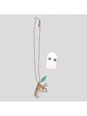 Gold Tone Turquoise Charm Necklace and Stud Earrings Set